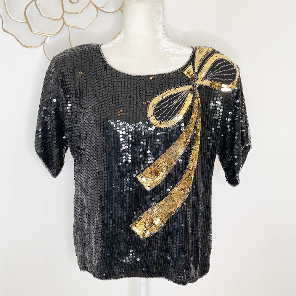 Bow Black and gold sequined top vintage
